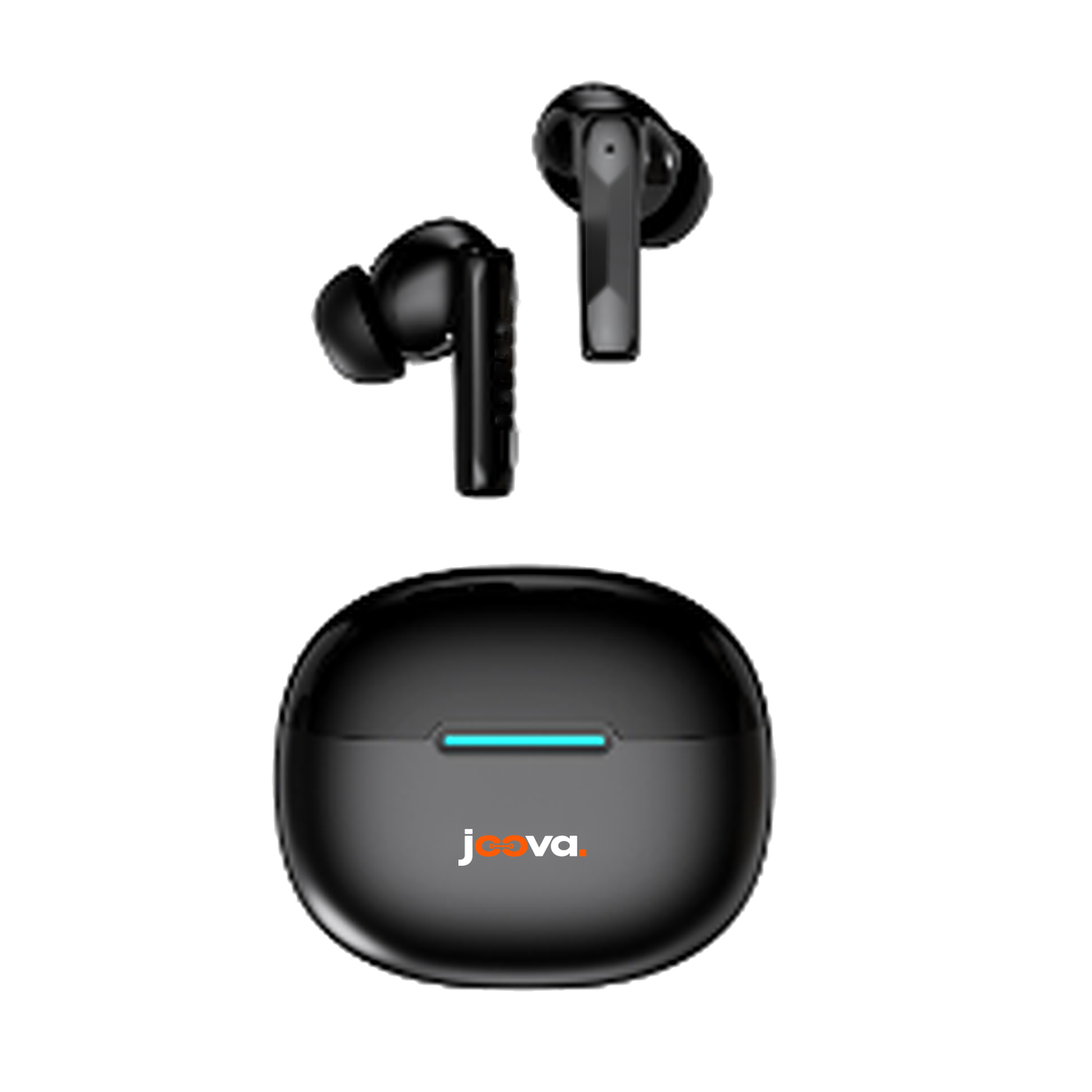 Joova Buds in black with a white charging case on a white background
