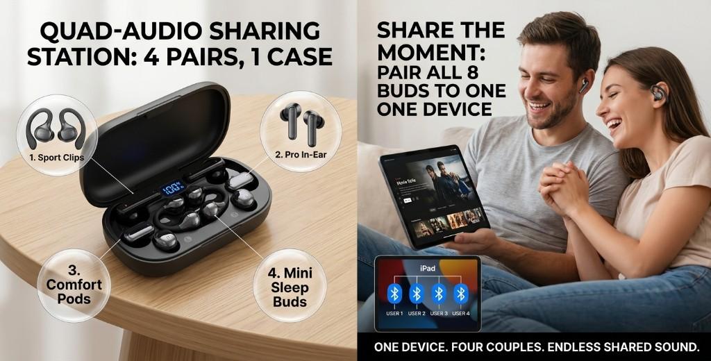 Joova Share Pod case with four bud styles, and two people sharing audio from one tablet
