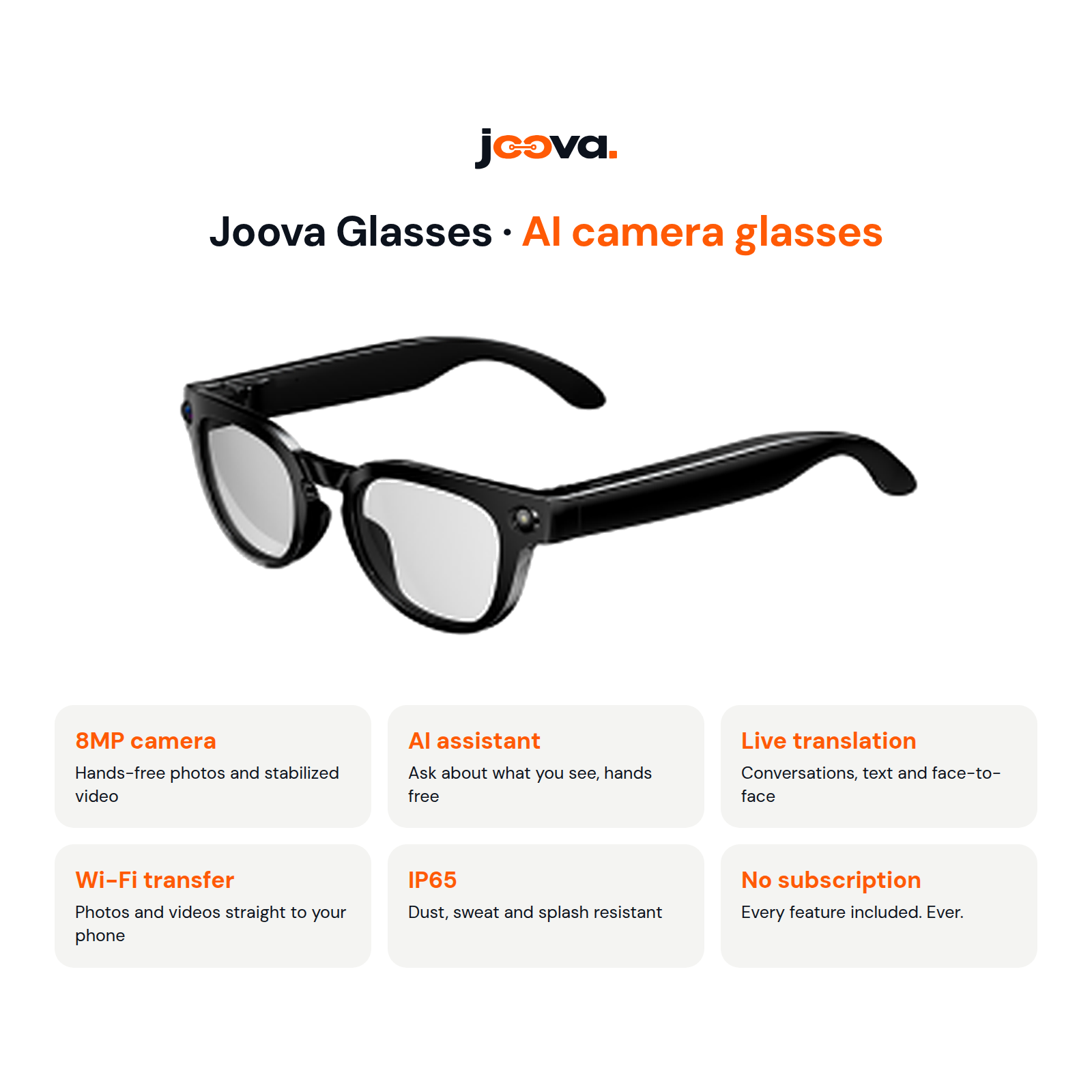 Joova Glasses feature card: 8MP camera, AI assistant, live translation, Wi-Fi transfer, IP65, and no subscription