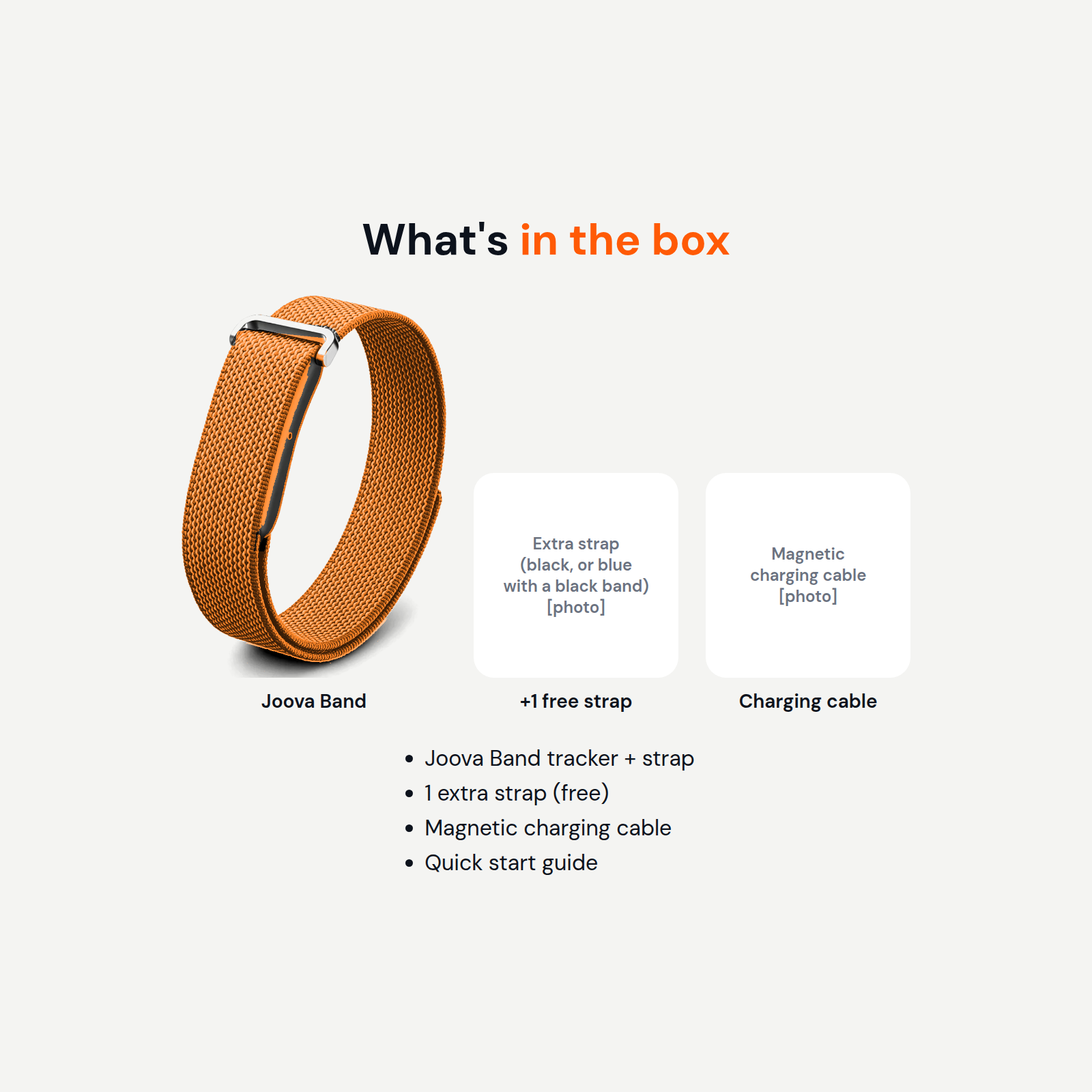 What's in the box: Joova Band, one extra strap, and a magnetic charging cable.