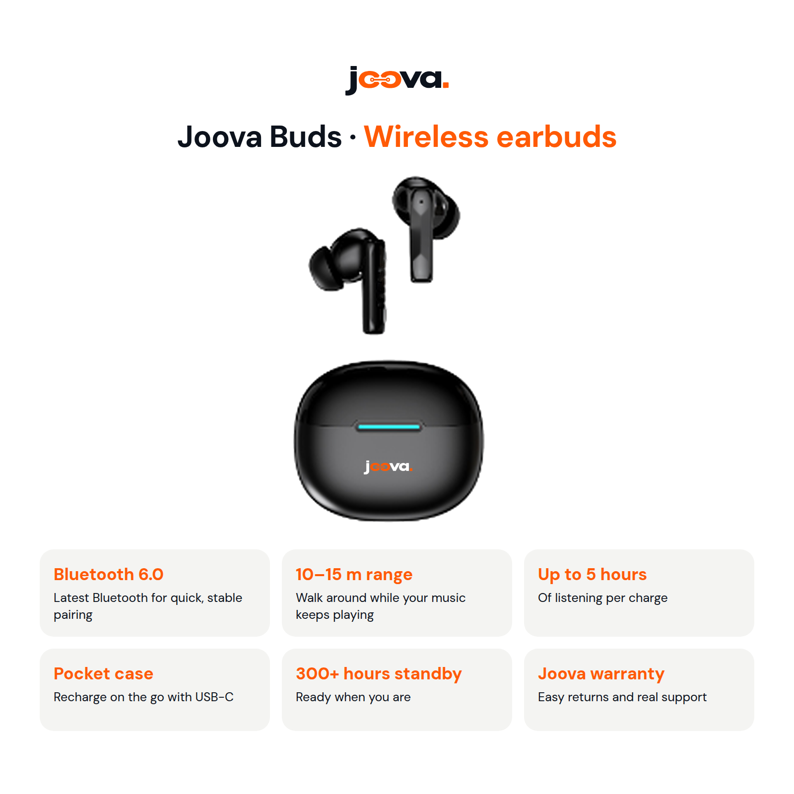 Joova Buds feature card: Bluetooth 6.0, 10 to 15 meter range, up to 5 hours playtime, USB-C case, and 300 plus hours standby