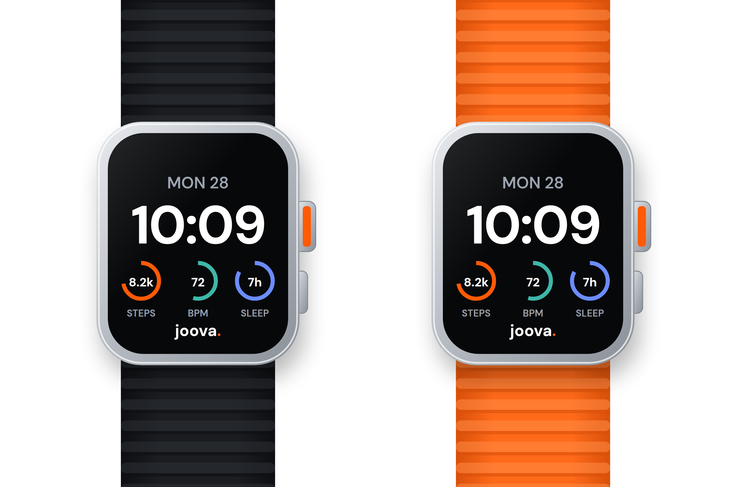 Joova Watch in black and orange, side by side on a white background
