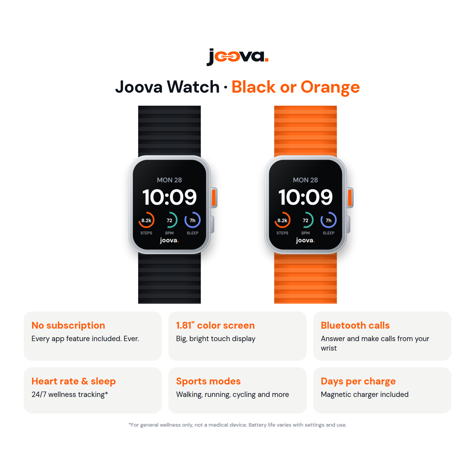 Joova Watch feature card: no subscription, 1.81 inch color screen, Bluetooth calls, heart rate and sleep, sports modes, and multi-day battery
