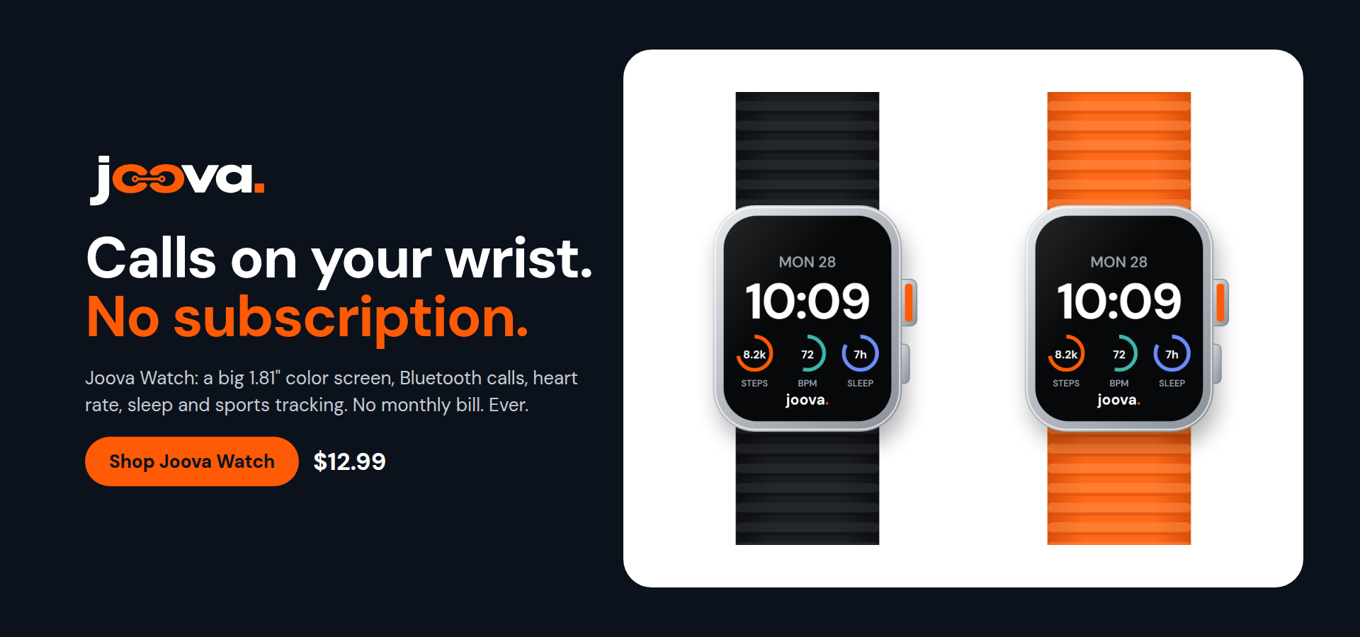 Joova Watch banner. Calls on your wrist. No subscription. Black and orange watches.